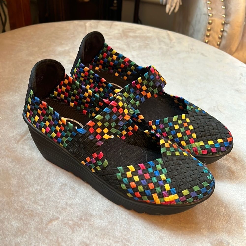 *Italina* Mary Jane *RAINBOW* Woven Wedge Memory Foam Sneakers Loafers 8.5 EUC